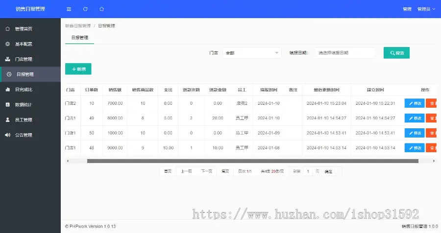 门店销售日报管理系统,任务完成汇报报告提交统计,php源码