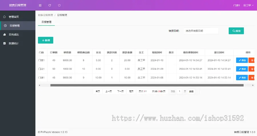 门店销售日报管理系统,任务完成汇报报告提交统计,php源码